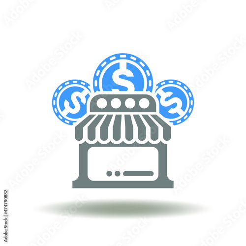 Vector illustration of store with coins. Icon of retail and commerce financial support. Shops, small and medium enterprises subsidies. Symbol of business subsidy.