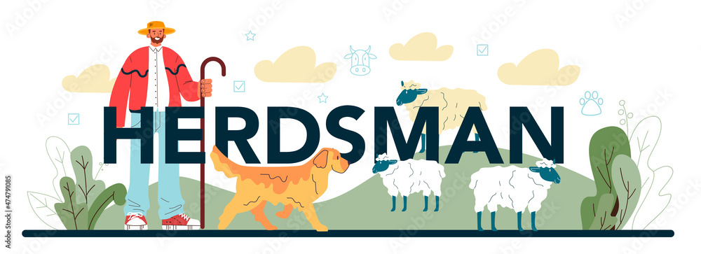 Herdsman typographic header. Shepherd with a domestic animals.