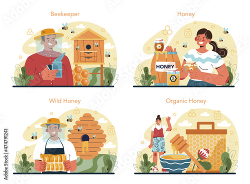Hiver or beekeeper concept set. Professional farmer gathering honey
