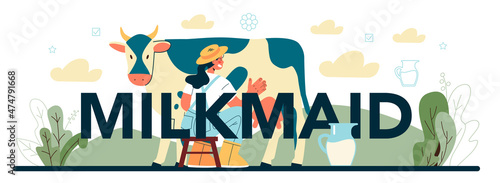 Milkmaid typographic header. Dairy farm worker milking a cow. Milk, cheese