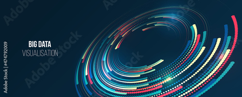 Visualization of large amounts of data in the form of 3d circles. File structuring. Data algorithms, machine learning. The visual concept of the array. Big data complex.