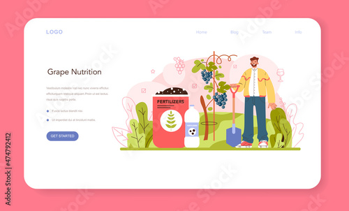Wine production web banner or landing page. Grape tree selection