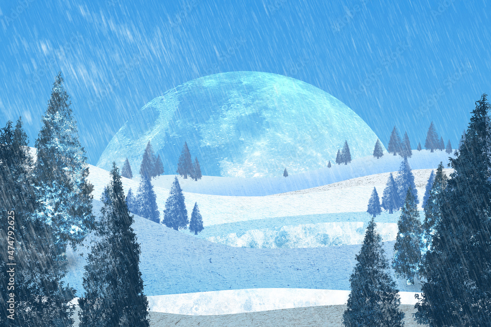 Winter Moon Minimalist Christmas Landscape