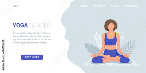 Web page template of Yoga Center. Modern flat design concept of web page design for website. Woman meditates in the lotus position on the background of nature. Vector illustration.