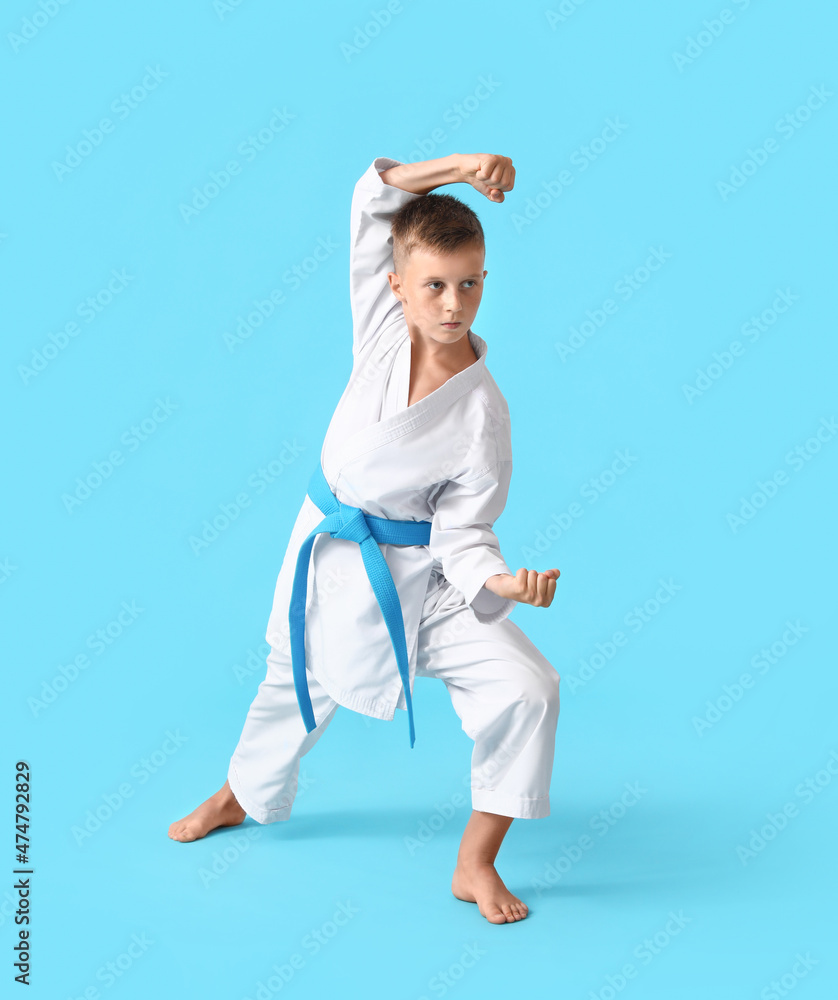 Little boy practicing karate on color background Little boy practicing karate on color background