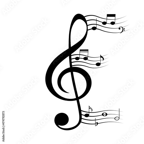 Musical treble clef and music notes, isolated design element on white background, vector illustration.