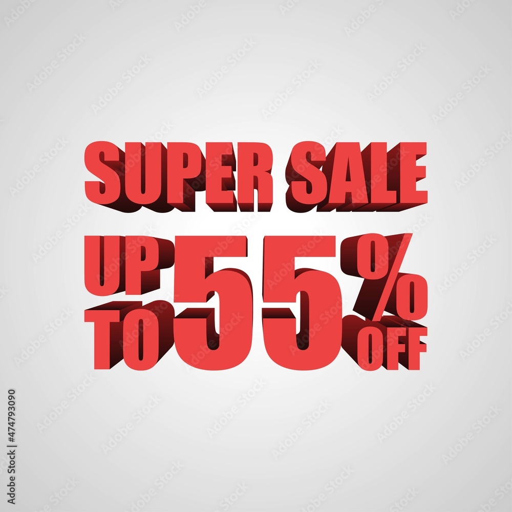 Super Sale 55 Percent off, 3d sign, special offer 55% discount tag, sale up to 55 percent off, big offer, sale, special offer label, sticker, tag, banner, advertising, vector template