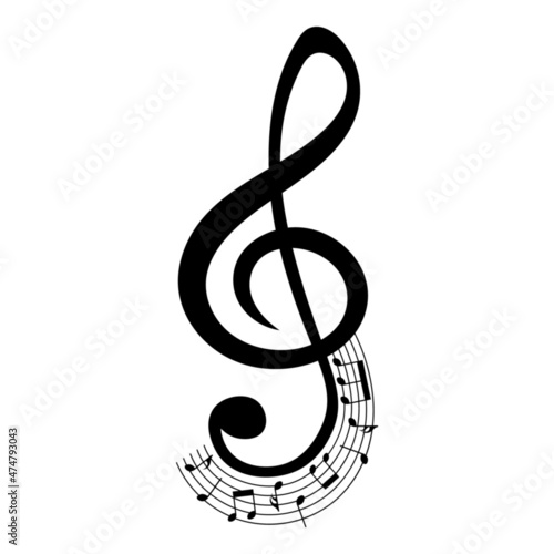 Music notes and treble clef, rounded musical design element, vector illustration.