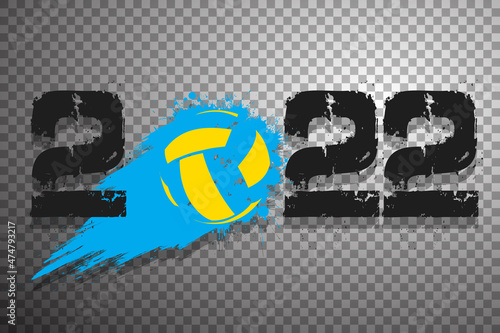 Numbers 2022 and flying abstract volleyball ball made from blots with by milky way in grunge style. Happy New Year 2022. Design template for greeting card. Vector illustration on isolated background