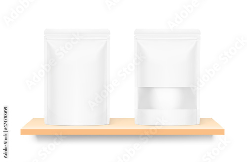 Pouch bag with window mockups on wood shelve. Vector illustration isolated on white background. Can be use for template your design, presentation, promo, ad. EPS10.	