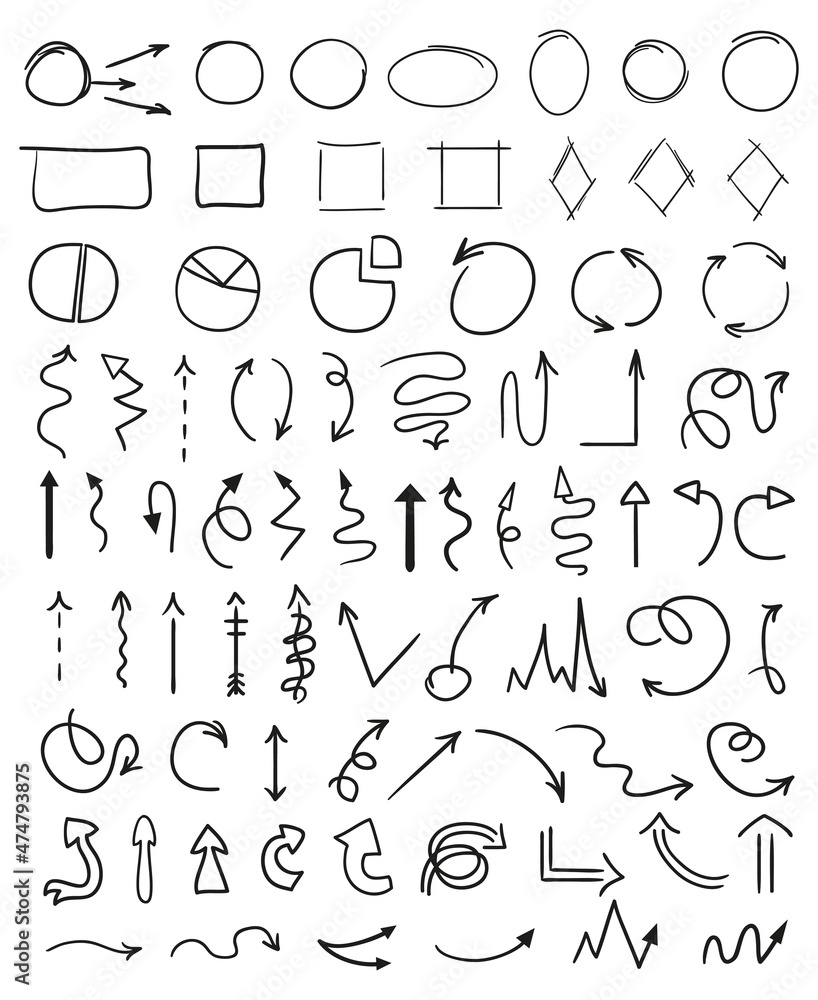 Infographic elements on isolation background. Collection of arrows on white. Hand drawn simple arrow. Line art. Set of different signs. Doodles for work. Art creation Infographic elements on isolation background. Collection of arrows on white. Hand drawn simple arrow. Line art. Set of different signs. Doodles for work. Art creation
