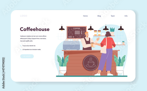 Barista web banner or landing page. Bartender making a cup of hot coffe