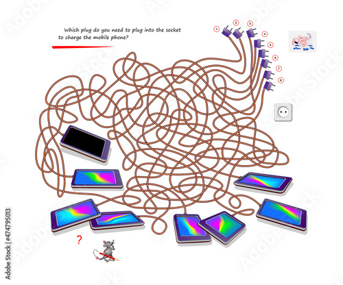 Logic puzzle game with labyrinth for children and adults. Which plug do you need to plug into the socket to charge the mobile phone? Kids brain teaser book with maze. Play online. Vector illustration.
