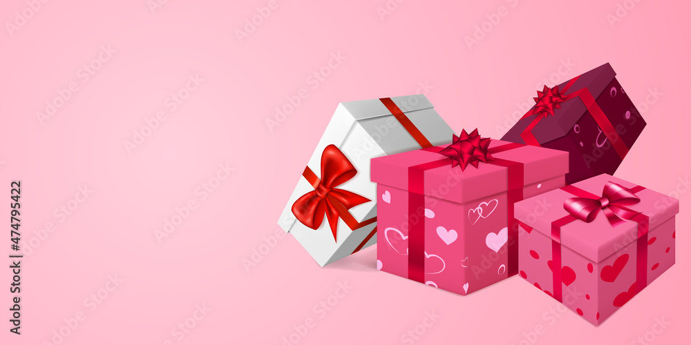 Vector illustration for Valentine's Day with several red, burgundy and white gift boxes with ribbons, bows and pattern of hearts, on pink background Vector illustration for Valentine's Day with several red, burgundy and white gift boxes with ribbons, bows and pattern of hearts, on pink background