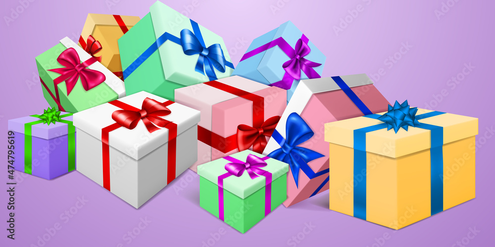 Vector illustration with bunch of colored gift boxes with ribbons and bows on purple background