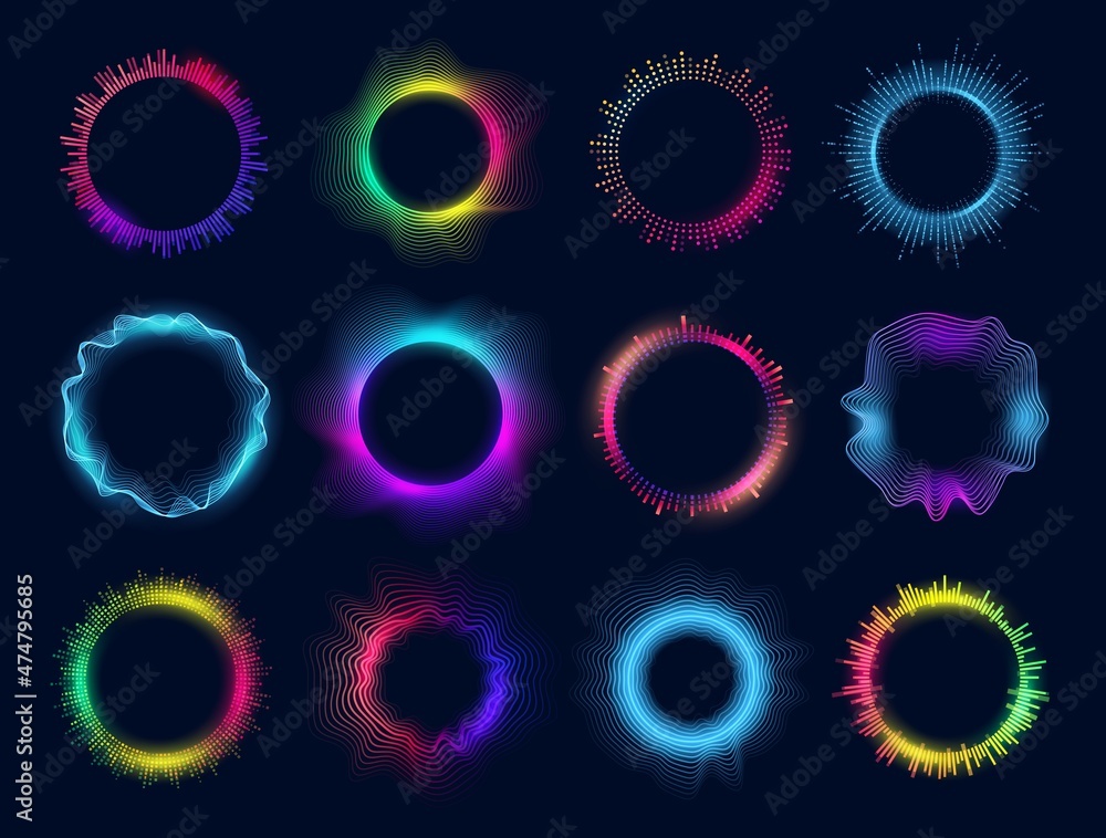 Neon circles of sound wave and audio equalizer, vector round glow of music and voice assistant. Voice recognition app soundwave signs, digital communication and soundwave virtual controls - obrazy, fototapety, plakaty 