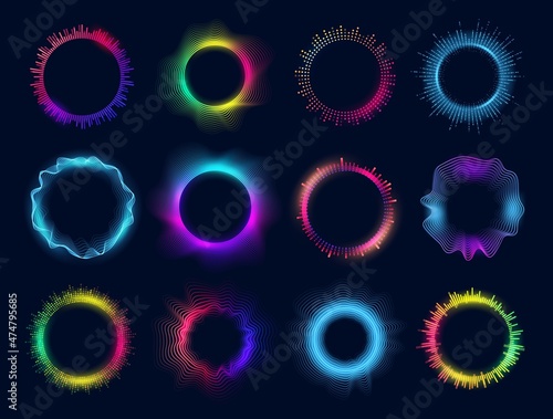 Neon circles of sound wave and audio equalizer, vector round glow of music and voice assistant. Voice recognition app soundwave signs, digital communication and soundwave virtual controls photo