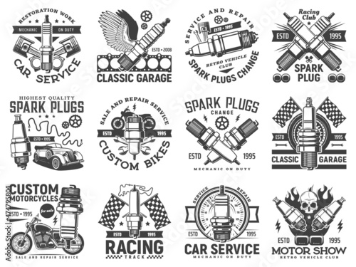 Fotografia Garage custom motor icons, motorcycle and car races, vector mechanic service emblems
