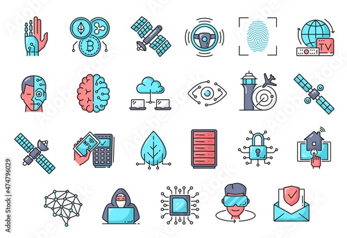 Future technology icons of cyborg autopilot and global network security. Blockchain payment and digital cloud storage tech, smart TV and safety home, robot brain machine and internet big data vector