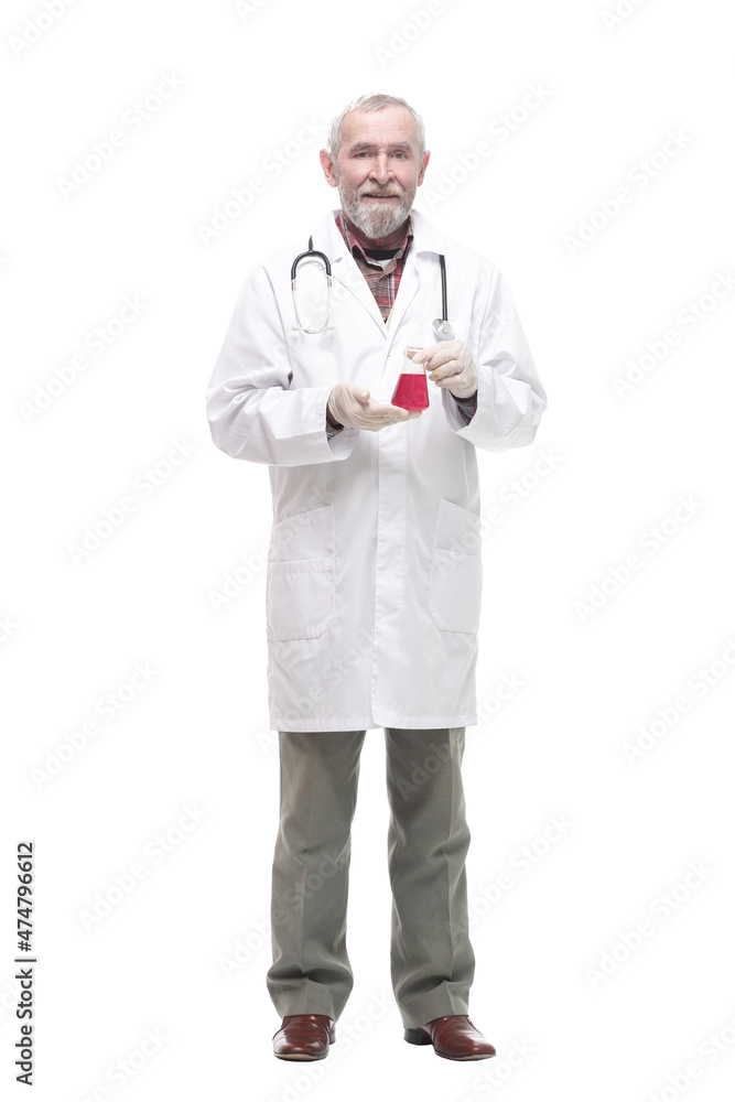 elderly competent doctor with a laboratory flask in his hands. elderly competent doctor with a laboratory flask in his hands.