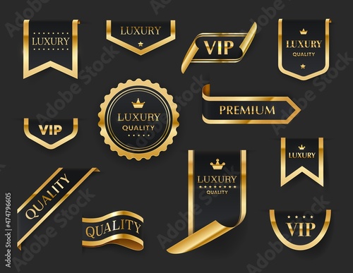 Luxury, VIP, premium golden labels, ribbons, badges and stickers. Gold and black isolated vector signs of exclusive quality products with royal crowns, stars and glossy metal frame borders
