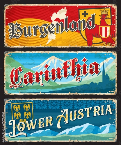 Wallpaper Mural Burgenland, Carinthia, Lower austrian regions plates or stickers, vector tin signs. Austrian federal states or lands metal plates with maps, crest or emblems and city mountains or landmark symbols Torontodigital.ca