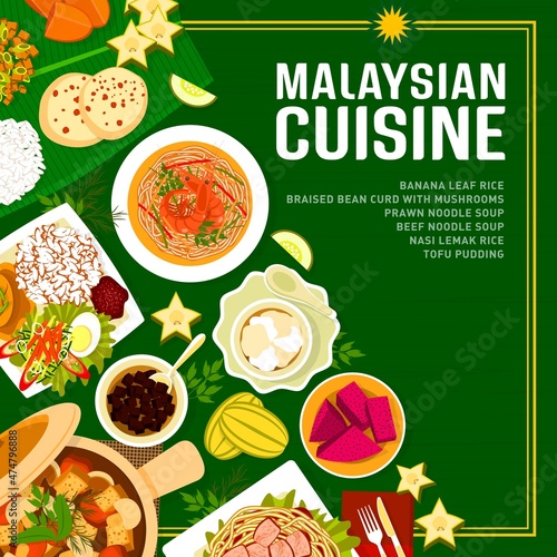 Malaysian cuisine menu cover with Malay food and Asian dishes of rice and curry, vector poster. Malaysian traditional cuisine dinner or lunch meals of seafood prawns, spring rolls and pancakes
