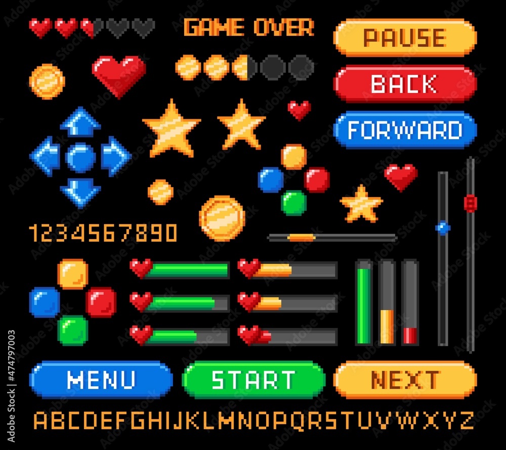 Pixel art 8bit game interface, retro buttons and loading bars, rating and  health vector icons. 8