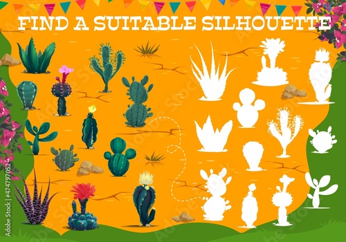 Find a suitable silhouette of Mexican cactus plants in desert, kids riddle game vector worksheet. Find correct similar shadow puzzle with cartoon Mexican cacti and desert sand