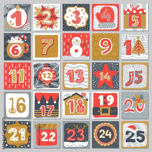Advent calendar of Christmas or Xmas winter holiday. Vector countdown to Christmas with numbers, Santa gifts, Xmas tree decorations and snowman, reindeer, present box, snow and house, hand drawn cards