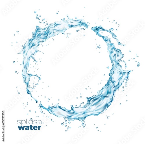Round swirl water flow splash with splatters, vector isolated clean blue water wave. Water pour flow circle splashing with drops, liquid blue clear aqua with fresh droplets of crystal pure drink