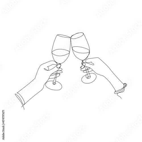 Vector outline illustration Wine glasses in female hands on a white background.Hand drawing sketch in modern Minimalist style, hand with glass.Great design for print