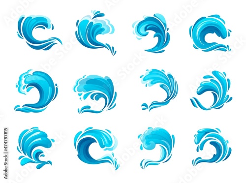 Tsunami ocean wave icons, isolated blue storm sea waves and surfs vector icons. Cartoon ocean water splashes and sea tide surfs with splashing drops, stormy water of hurricane weather with splatter