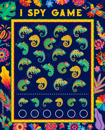 I spy game worksheet with cartoon funny Mexican chameleons and flowers, vector kids riddle. I spy or find and match similar lizards. Board game with Mexican animals and flowers