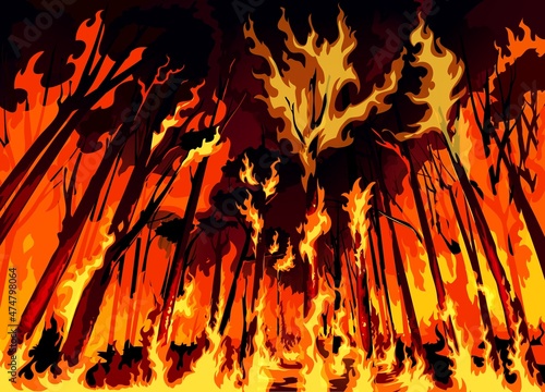 Forest fire or wildfire danger disaster, burning forest trees and bushes, vector background. Wall of wildfire in forest, destructive fire of natural disaster, global warming and ecology catastrophe