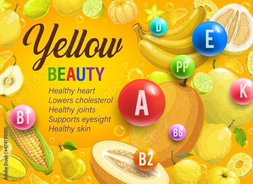 Yellow day of color rainbow diet. Organic nutrition and multivitamins in food, vector. Rainbow eating program of yellow day with benefit of fruits, vegetables and healthy cereals for beauty