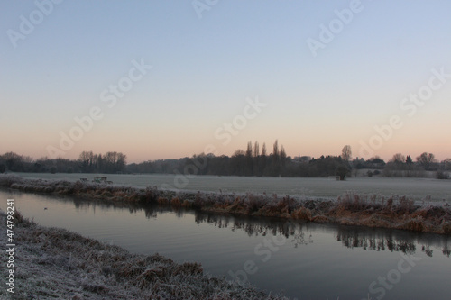Sunrise over the frost covered Meads outside Hertford, UK