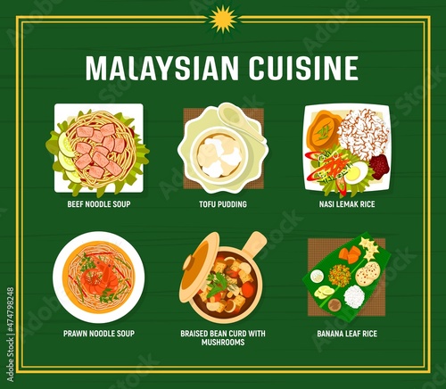 Malaysian cuisine menu vector beef or prawn noodle soups, tofu pudding and nasi lemak rice meals. Braised bean curd with mushrooms and banana leaf rice tarditional food of Malaysia, asian dishes