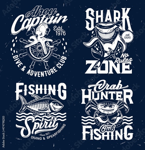 Diving and fishing club t-shirt print templates with mascots. Octopus on ships wheel, tuna fish and crab, smiling pirate shark character engraved vector. Spearfishing, scuba diving apparel print