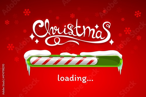 Christmas loading vector progress bar of Xmas candy cane covered with snow and icicles on red background with snowflakes. Realistic candy cane status bar of coming winter holidays, Christmas countdown