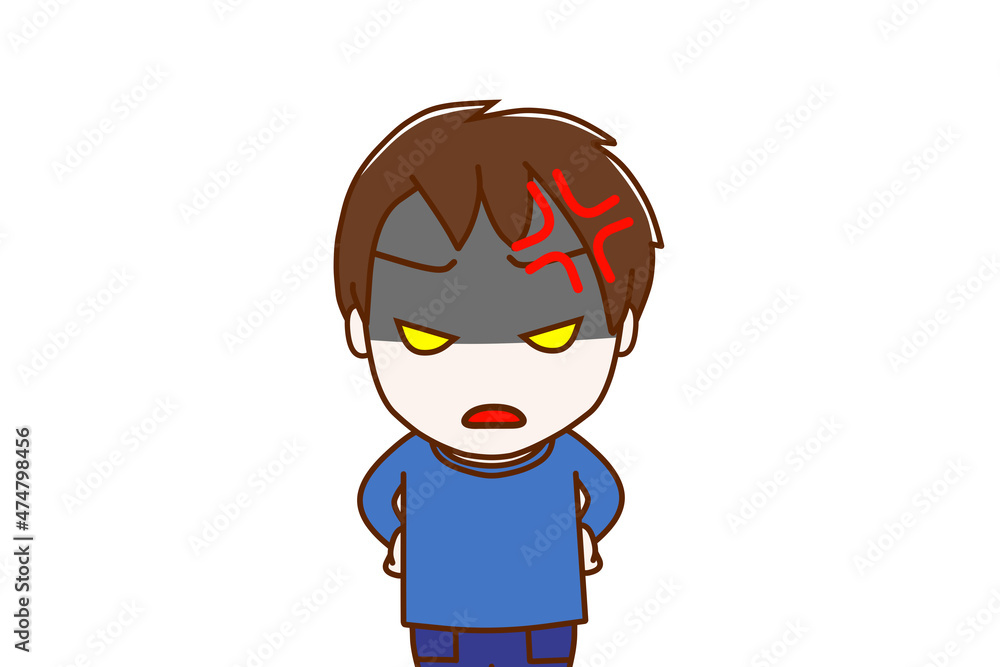 (上半身正面)ありえないことが起きてイライラしながら顔色悪く怒っている少年 (上半身正面)ありえないことが起きてイライラしながら顔色悪く怒っている少年