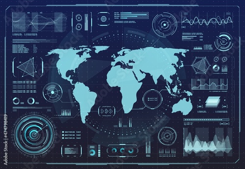 HUD hologram interface, digital earth map infographic charts and graphs. HUD virtual touch screen vector interface for game or technology background, UI data graphics panel or dashboard display