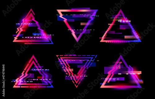 Foto Neon glitched triangle frames, abstract distorted digital technology vector background