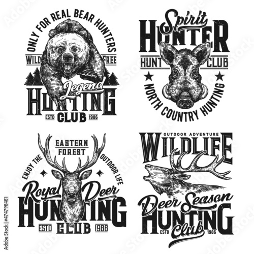 Hunting club shirt prints, hunter animals trophy, vector emblems for t-shirt Fototapet