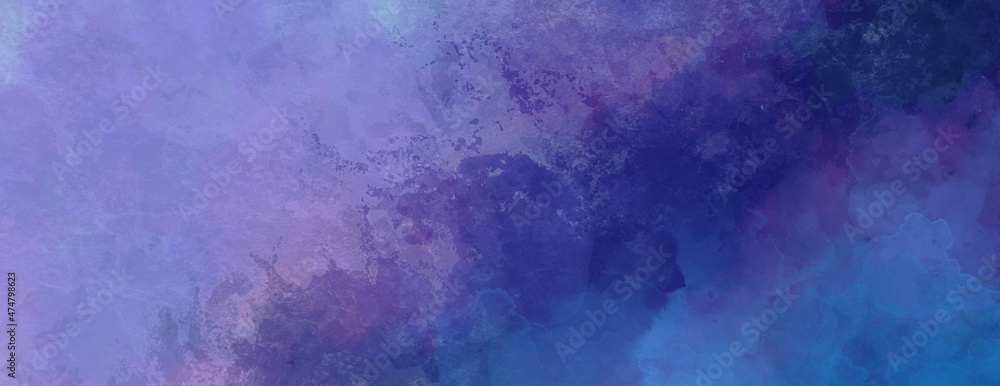 Abstract  watercolor background in blue and purple,, painted watercolor texture and spatter, stormy cloudy sky illustration, puffy grunge storm clouds or decorative corner design