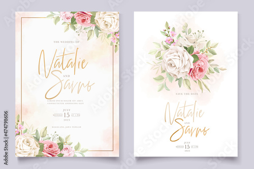 BEAUTIFUL HAND DRAWN FLORAL ROSES WEDDING INVITATION CARD SET