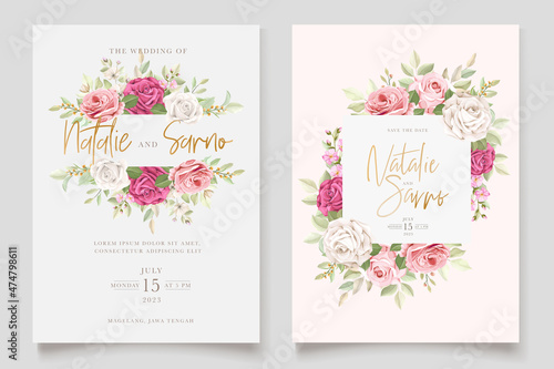 BEAUTIFUL HAND DRAWN FLORAL ROSES WEDDING INVITATION CARD SET