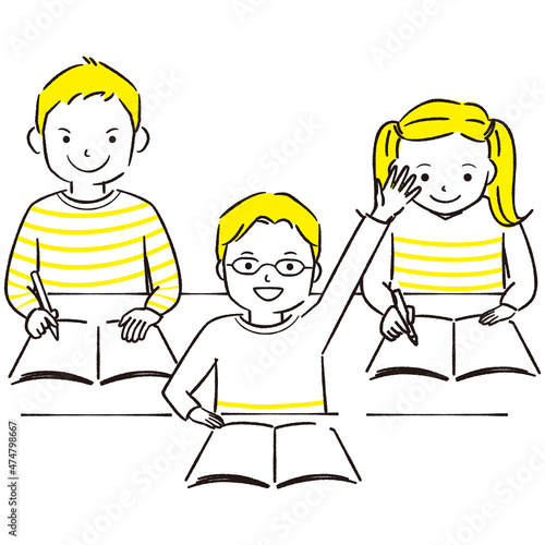 手描き1color   小学生　授業で元気よく手を上げる眼鏡の男の子