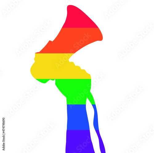 silueta de brazo y mano con megáfono o altavoz con bandera de la diversidad lgtb