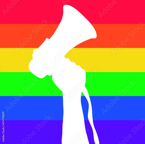 silueta de brazo y mano con megáfono o altavoz con bandera de la diversidad lgtb